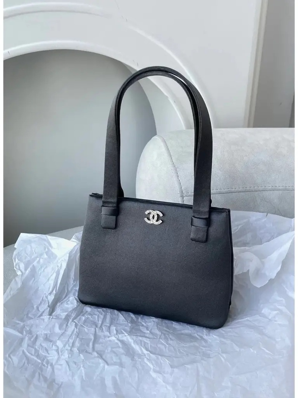 Rare Vintage Chanel Crystal CC Satin Top Handle Bag